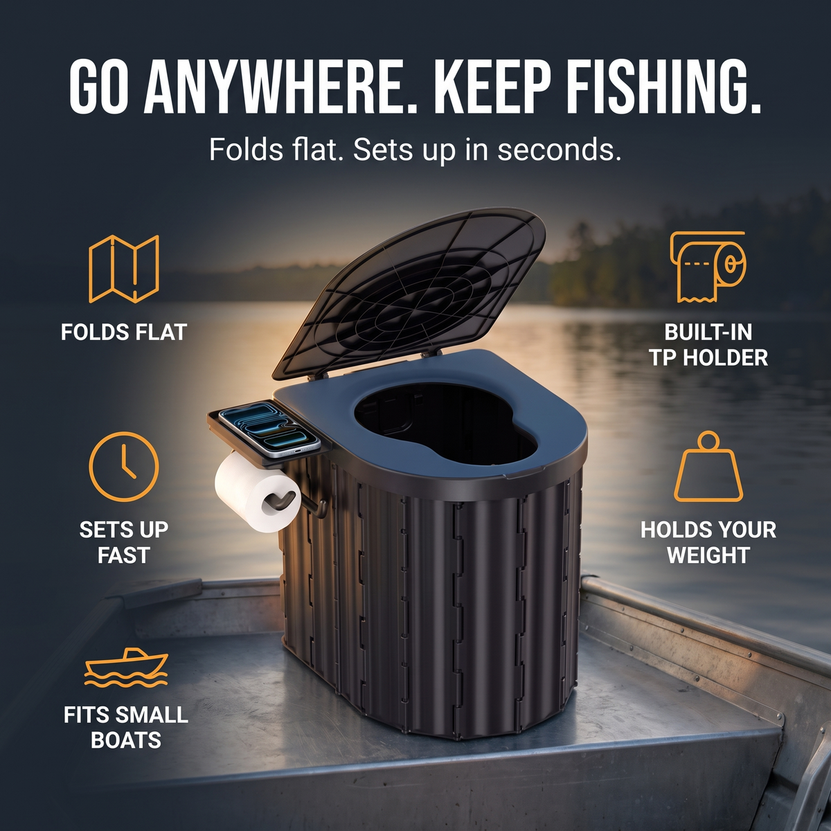 Portable folding boat toilet showing fold-flat design and toilet paper holder