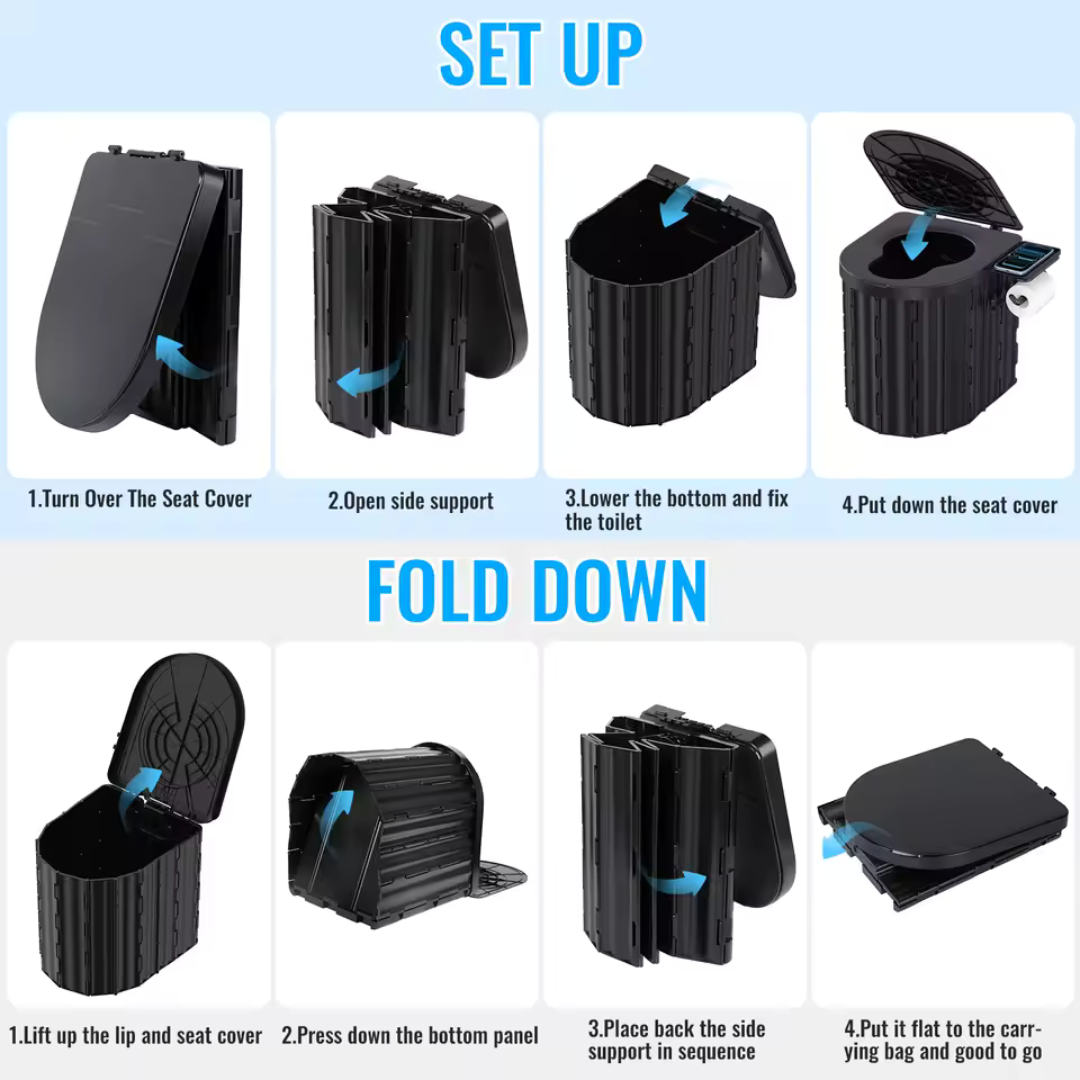 Portable toilet setup and folding instructions